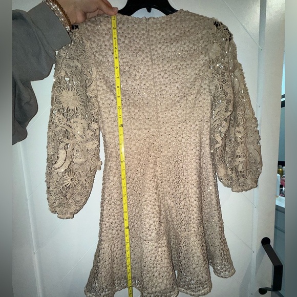 NEW - FRENCH CONNECTION Nude Caballo Sequin Lace Puff Sleeve Mini Dress size 6 - Picture 9 of 13